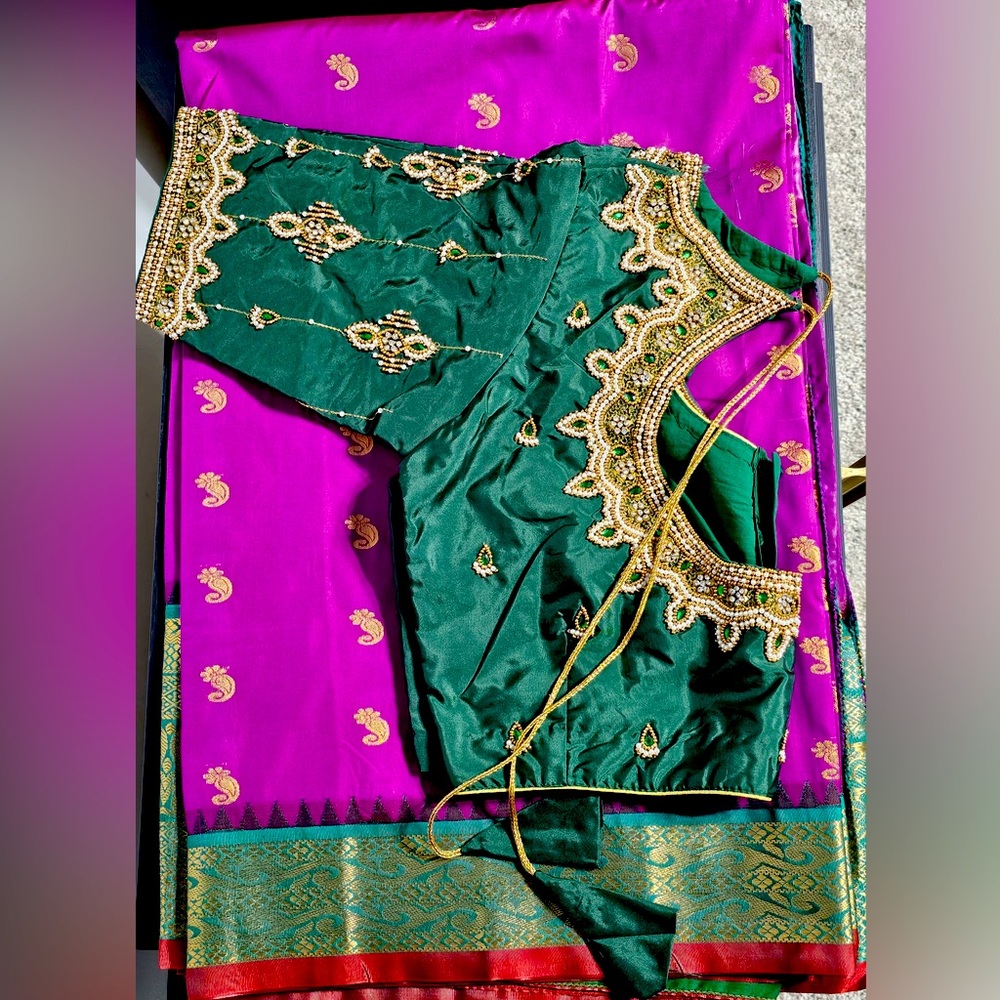 Pattu saree with heavy Maggam work blouse